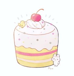 Rule 34 | ayu (mog), bird, rabbit, cake, cherry, food, food focus, fruit, no humans, original, pastry, signature, simple background, symbol-only commentary, white background