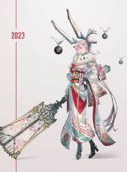 Rule 34 | 1girl, 2023, absurdres, animal ears, arm strap, black gloves, boots, buckle, chinese zodiac, detached ears, floral print, full body, fur-trimmed kimono, fur trim, glaive (polearm), gloves, grey background, hair bun, high heel boots, high heels, highres, holding, holding weapon, japanese clothes, kimono, multicolored hair, nengajou, new year, non-humanoid robot, obi, original, pink hair, polearm, ponytail, pouch, print kimono, rabbit ears, red eyes, red hair, ribbed sweater, robot, robot ears, sash, science fiction, simple background, streaked hair, sweater, tokiki (tomok1), weapon, year of the rabbit
