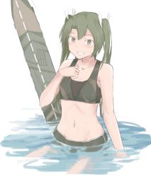 Rule 34 | 1girl, bikini, breasts, camouflage, collarbone, commentary request, dark green hair, flight deck, green bikini, green eyes, grin, hikashima (shiofune), kantai collection, long hair, looking at viewer, navel, partially submerged, small breasts, smile, solo, surfboard, swimsuit, twintails, upper body, zuikaku (kancolle)