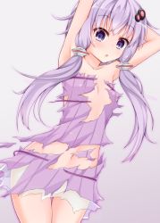 Rule 34 | 1girl, :o, aatsu, arm behind head, armpits, arms up, bare arms, bare shoulders, blush, breasts, collarbone, dress, dutch angle, grey background, hair ornament, long hair, looking at viewer, navel, parted lips, purple dress, purple eyes, purple hair, see-through, simple background, small breasts, solo, strapless, strapless dress, torn clothes, torn dress, voiceroid, yuzuki yukari