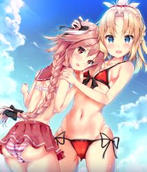 Rule 34 | 1boy, 1girl, alternate eye color, artist request, ass, astolfo (fate), back, bare shoulders, bikini, blonde hair, blue eyes, blush, bow, bra, braid, breasts, bulge, cleavage, couple, cowboy shot, crown braid, day, fang, fate/apocrypha, fate/grand order, fate (series), front-tie bikini top, front-tie top, hair bow, hair intakes, hair ornament, hair ribbon, hand on another&#039;s head, head rest, highres, legs apart, long hair, looking at viewer, microskirt, miniskirt, mordred (fate), mordred (fate/apocrypha), multicolored hair, narrow waist, open mouth, panties, parted bangs, pink hair, red bikini, red eyes, ribbon, school uniform, see-through, serafuku, shiny clothes, shiny skin, short hair, side-tie bikini bottom, single braid, skirt, smile, sparkle, standing, stomach, striped clothes, striped panties, swimsuit, trap, underwear, very long hair
