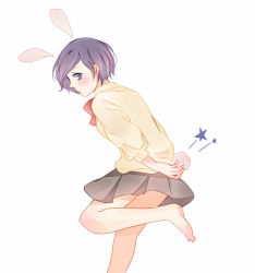 Rule 34 | 1girl, animal ears, arms behind back, bad id, bad pixiv id, bag, barefoot, blush, bow, brown skirt, brown sweater, closed mouth, commentary request, from side, kirishima touka, looking at viewer, miniskirt, pleated skirt, purple hair, rabbit ears, red bow, red neckwear, school uniform, short hair, simple background, skirt, smile, solo, star (symbol), sweater, tokyo ghoul, toukaairab, white background