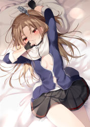 Rule 34 | 1girl, arm up, azur lane, bad id, bad pixiv id, bed sheet, black gloves, black skirt, blue shirt, blush, breasts, brown hair, capelet, cleveland (azur lane), closed mouth, dress shirt, dutch angle, female focus, fingerless gloves, gloves, hair between eyes, hand up, long hair, long sleeves, lying, mafuyu (chibi21), navel, no bra, on back, panties, parted bangs, pillow, pillow grab, pleated skirt, red eyes, shirt, side-tie panties, skirt, small breasts, solo, underwear, very long hair, white capelet, white panties