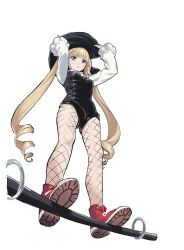 Rule 34 | 1girl, black hat, black leotard, blonde hair, breasts, drill hair, fishnet pantyhose, fishnets, from below, hat, highres, leotard, long hair, long sleeves, low drills, medium breasts, pantyhose, project:anemone, red footwear, simple background, solo, standing, teshima nari, twintails, very long hair, white background