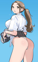 Rule 34 | 1girl, ass, breasts, brown eyes, brown hair, dress shirt, dytm, highres, large breasts, lifted by self, long hair, looking back, original, panties, parted lips, ponytail, pool monitor part-timer (dtym), school uniform, shirt, solo, sweatdrop, thong, underwear, white panties, white shirt