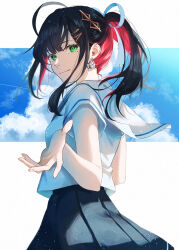 Rule 34 | 1girl, ahoge, asymmetrical bangs, black hair, black skirt, blue sky, blunt bangs, cloud, colored inner hair, earrings, glint, green eyes, hair ribbon, highres, hizuki yui, jewelry, light particles, long hair, looking at viewer, looking back, mole, mole under eye, multicolored hair, neo-porte, outside border, outstretched hand, pleated skirt, ponytail, red hair, ribbon, sailor collar, school uniform, serafuku, shirt, shoujo rei (vocaloid), sidelocks, skirt, sky, smile, solo, sorashiroumi, standing, virtual youtuber, vocaloid, white shirt