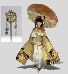 Rule 34 | 1girl, black hair, cape, closed mouth, collar, commentary request, full body, green eyes, grey background, hair between eyes, hair ornament, highres, holding, holding umbrella, japanese clothes, jewelry, korean commentary, looking at viewer, medium hair, oil-paper umbrella, original, personification, photo-referenced, photo inset, reference inset, reference photo, shycocoa, sidelocks, simple background, skirt, solo, standing, thighhighs, umbrella, white thighhighs