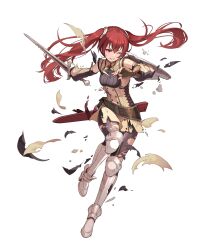 Rule 34 | 1girl, arm shield, black leggings, breasts, clenched teeth, damaged, female focus, fingerless gloves, fire emblem, fire emblem awakening, fire emblem heroes, gloves, highres, leggings, long hair, matching hair/eyes, medium breasts, nintendo, non-web source, official art, one eye closed, pants, red eyes, red hair, severa (fire emblem), sheath, solo, sword, teeth, torn clothes, torn pants, twintails, weapon, wince