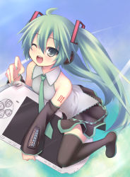 Rule 34 | 1girl, aqua eyes, bad id, bad pixiv id, black thighhighs, blue hair, boots, detached sleeves, handheld game console, hatsune miku, nail polish, one eye closed, open mouth, playstation portable, ryo (botugo), solo, thigh boots, thighhighs, twintails, vocaloid, wink, zettai ryouiki