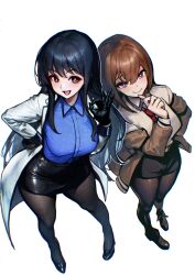 2girls absurdres black_footwear black_gloves black_hair black_pantyhose black_shorts blue_eyes blue_shirt breasts brown_hair brown_jacket closed_mouth coat collared_shirt commentary_request crossover female_professor_(neural_cloud) full_body girls&#039;_frontline girls&#039;_frontline_neural_cloud gloves hair_between_eyes hand_up highres jacket lab_coat long_hair looking_at_viewer makise_kurisu meimushi multiple_girls off_shoulder ok_sign open_clothes open_jacket open_mouth pantyhose pencil_skirt professor_(neural_cloud) purple_eyes shirt shoes shorts simple_background skirt smile steins;gate white_background white_coat white_shirt