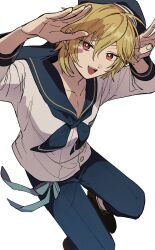 Rule 34 | 1boy, absurdres, aoi (yooo009), blonde hair, blue neckerchief, blue pants, blue sailor collar, collarbone, ensemble stars!, full body, hair between eyes, hands up, hat, highres, long sleeves, looking at viewer, male focus, neckerchief, nito nazuna, open mouth, pants, red eyes, sailor collar, sailor hat, short hair, simple background, smile, solo, white background