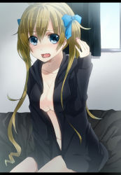Rule 34 | 1girl, bad id, bad pixiv id, bed, black jacket, blue eyes, bottomless, breasts, brown hair, cleavage, collarbone, earrings, hair ribbon, heart, heart earrings, indoors, jacket, jewelry, keita (tundereyuina), looking at viewer, open clothes, open jacket, open mouth, original, ribbon, sitting, solo, twintails