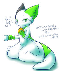 Rule 34 | 1girl, cocolog, cup, doughnut, food, furry, furry female, green eyes, japanese text, simple background, sitting, solo, text focus, translation request, white background