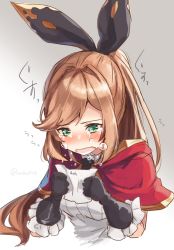 Rule 34 | 1girl, black gloves, bow, brown hair, clarisse (granblue fantasy), crying, gloves, granblue fantasy, green eyes, hair bow, letter, ponytail, upper body, uruha (yw1109), wavy mouth