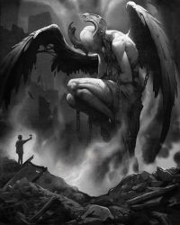 Rule 34 | 2others, absurdres, chain, chained, christopher stoll, cross, faceless, feathered wings, giant, greyscale, highres, holding, holding cross, horns, monochrome, multiple others, original, other focus, rubble, shirt, sitting, smoke, wings