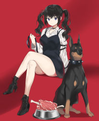 Rule 34 | 1girl, absurdres, ass, black choker, black dress, black footwear, boned meat, choker, collar, collared shirt, commission, crossed bangs, crossed legs, doberman, dog, dress, dress shirt, food, gogoco, high heels, highres, korean commentary, leash, long sleeves, looking at viewer, meat, original, pinafore dress, red background, shirt, short dress, sitting, sleeveless dress, solo, spiked collar, spikes, twintails, wavy hair, white shirt