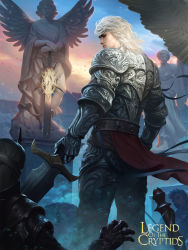 Rule 34 | 3boys, back, bird, brown hair, cloud, copyright name, faceless, faceless male, gloves, helmet, holding, holding sword, holding weapon, legend of the cryptids, lius lasahido, long hair, male focus, multiple boys, official art, sky, snow, solo focus, statue, sword, weapon, white hair