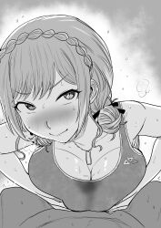 Rule 34 | 1boy, 1girl, absurdres, blush, braid, breasts, cleavage, clothed female nude male, crown braid, double bun, furen e lustario, greyscale, hair bun, heavy breathing, hetero, highres, jewelry, kaiman garupan, large breasts, monochrome, necklace, nijisanji, nude, paizuri, paizuri under clothes, smile, sports bra, stained clothes, sweat, virtual youtuber