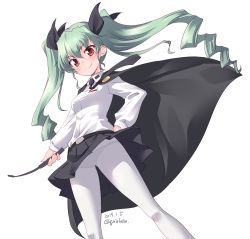Rule 34 | 1girl, anchovy (girls und panzer), anzio school uniform, belt, black belt, black cape, black necktie, black ribbon, black skirt, blush, cape, closed mouth, clothes lift, commentary, dated, dress shirt, drill hair, emblem, girls und panzer, gluteal fold, green hair, hair ribbon, hand on own hip, highres, holding, kuzuryuu kennosuke, light blush, long hair, long sleeves, looking at viewer, looking down, lowleg, lowleg panties, miniskirt, necktie, one-hour drawing challenge, panties, panties under pantyhose, pantyhose, pleated skirt, red eyes, ribbon, riding crop, school uniform, shirt, simple background, skirt, skirt lift, smile, solo, standing, twin drills, twintails, twitter username, underwear, white background, white pantyhose, white shirt, wind, wind lift