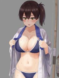 Rule 34 | 1girl, bikini, bikini under clothes, blue bikini, blue scrunchie, blush, bow, breasts, brown eyes, brown hair, collarbone, hair between eyes, kaga (kancolle), kantai collection, large breasts, navel, open clothes, parted lips, scrunchie, shijukara (great tit), short hair, side-tie bikini bottom, side ponytail, skindentation, solo, sweatdrop, swimsuit, upper body, veiny breasts