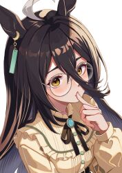 Rule 34 | 1girl, ahoge, alternate costume, animal ears, bespectacled, black hair, black ribbon, blush, brown shirt, commentary request, finger to mouth, frilled shirt, frills, glasses, grey-framed eyewear, hair between eyes, highres, horse ears, horse girl, kama o nu, long hair, looking at viewer, manhattan cafe (umamusume), multicolored hair, puffy sleeves, ribbon, round eyewear, shirt, simple background, solo, streaked hair, umamusume, upper body, very long hair, white background, white hair, yellow eyes