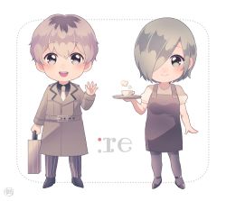 Rule 34 | 1boy, 1girl, :d, apron, black apron, black footwear, black pantyhose, blush, brown coat, chibi, coat, commentary request, copyright name, full body, grey hair, hair over one eye, holding, holding suitcase, holding tray, kaneki ken, kirishima touka, long sleeves, looking at viewer, multicolored hair, nabe-box, open mouth, pants, pantyhose, puffy short sleeves, puffy sleeves, sasaki haise, short sleeves, smile, striped clothes, striped pants, suitcase, teeth, tokyo ghoul, tokyo ghoul:re, tray, two-tone hair, upper teeth only