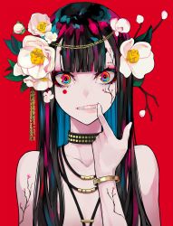 Rule 34 | 1girl, bare shoulders, black collar, black hair, blunt bangs, collar, collarbone, commentary request, eyebrows hidden by hair, eyeshadow, facial mark, fang, finger in own mouth, fingernails, flower, hair flower, hair ornament, hand up, head chain, head tilt, highres, jewelry, lam (ramdayo), long hair, looking at viewer, makeup, mouth pull, necklace, original, red background, red eyes, ringed eyes, simple background, solo, teeth, thick eyebrows, upper body, very long hair, white flower