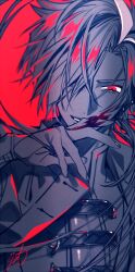 Rule 34 | 1boy, blood, blood on face, blood on hands, earrings, eyebrow cut, fate/grand order, fate (series), jacket, jewelry, long hair, long sleeves, looking at viewer, male focus, multicolored hair, red background, red eyes, red hair, simple background, smile, solo, streaked hair, takasugi shinsaku (fate), teeth, two-tone hair, upper body, white hair, white jacket, youneko