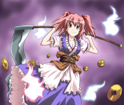 Rule 34 | 1girl, breasts, cleavage, coin, dress, female focus, ghost, gradient background, hair bobbles, hair ornament, medium breasts, onozuka komachi, pink hair, red eyes, rimibure, scythe, short hair, solo, touhou, twintails, two side up