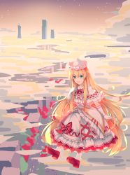 Rule 34 | 1girl, above clouds, abstract background, aqua eyes, arm up, blonde hair, bow, bowtie, building, cityscape, cloud, commentary request, dress, elbow gloves, embellished costume, floating, gloves, hair between eyes, hand in own hair, highres, layered dress, lily white, looking at viewer, mechrailgun, no wings, open mouth, outdoors, pantyhose, petticoat, red bow, red bowtie, red footwear, sash, sky, skyscraper, solo, star (sky), starry sky, touhou, twilight, white dress, white gloves, white headwear, white pantyhose