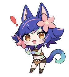 Rule 34 | !, 1girl, :d, alternate tail, animal ears, blue skin, brown eyes, cat ears, cat tail, chibi, colored skin, crop top, dokumi, fang, flower, full body, hair flower, hair ornament, kemonomimi mode, league of legends, multicolored hair, navel, neeko (league of legends), open mouth, pink flower, simple background, smile, solo, standing, stomach, tail, two-tone hair, white background