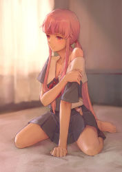 Rule 34 | 1girl, barefoot, blue shirt, blue skirt, blurry, blurry background, blush, breasts, cleavage, closed mouth, collarbone, full body, gasai yuno, hair ornament, highres, indoors, long hair, miniskirt, mirai nikki, neck ribbon, off shoulder, open clothes, open skirt, panties, panty peek, pink hair, pleated skirt, red eyes, red ribbon, ribbon, school uniform, shirt, short sleeves, sitting, skirt, small breasts, smile, solo, twintails, underwear, very long hair, viscum, wariza