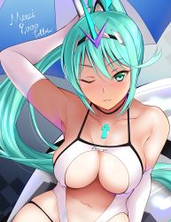 Rule 34 | 1girl, ;d, alternate costume, armpits, bare shoulders, blush, breasts, center opening, chest jewel, cleavage, collarbone, commentary request, daive, gem, green eyes, green hair, hair ornament, headpiece, highres, jewelry, large breasts, leotard, long hair, looking at viewer, navel, nintendo, one eye closed, open mouth, pneuma (xenoblade), smile, solo, swept bangs, thighhighs, thighs, tiara, very long hair, white leotard, xenoblade chronicles (series), xenoblade chronicles 2