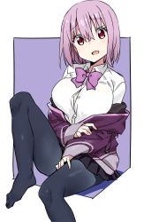 Rule 34 | 1girl, black border, black pantyhose, black skirt, border, bow, bowtie, breasts, clothes pull, dress shirt, eyelashes, gridman universe, hand on own leg, head tilt, jacket, jacket pull, light purple hair, long sleeves, looking at viewer, medium breasts, miniskirt, no shoes, off shoulder, open mouth, outside border, pantyhose, pleated skirt, pulled by self, purple background, purple bow, purple bowtie, purple jacket, red eyes, shinjou akane, shirt, shisoneri, sitting, skirt, smile, solo, ssss.gridman, white shirt, wing collar