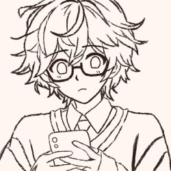 Rule 34 | 1boy, alternate costume, animification, blush, glasses, holding, holding phone, iggy maxwell, male focus, monochrome, necktie, our wonderland, phone, short hair, solo, sweater, try froggery, upper body
