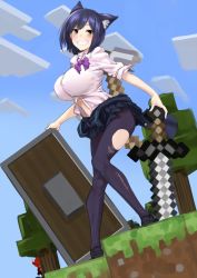 Rule 34 | 2girls, behind tree, blush, bow, bowtie, breasts, commentary, dola (nijisanji), dragon horns, full body, grin, highres, holding, holding sword, holding weapon, horns, huge breasts, legs, long hair, looking at viewer, loose neckwear, minecraft, miniskirt, multiple girls, nijisanji, outdoors, pantyhose, partially unbuttoned, purple bow, red hair, school uniform, shizuka rin, short hair, skirt, smile, sword, thighs, torn clothes, torn legwear, tree, virtual youtuber, wantsupanchi!!, weapon, yellow eyes