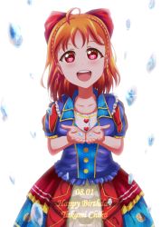 Rule 34 | 1girl, artist name, artist request, blue dress, blush, bow, braid, breasts, collarbone, crown braid, crystal, dress, female focus, floating, frilled dress, frills, hair bow, hand out, heart, heart print, highres, looking at viewer, love live!, love live! school idol festival, love live! sunshine!!, one more sunshine story, orange hair, parted lips, puffy short sleeves, puffy sleeves, red bow, red eyes, red skirt, sen yousoro, short hair, short sleeves, skirt, small breasts, smile, solo, takami chika, white background