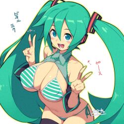 Rule 34 | 1girl, :d, aqua hair, bare shoulders, bikini, black sleeves, black thighhighs, blue eyes, breasts, collarbone, commentary request, detached sleeves, double v, hair between eyes, hatsune miku, large breasts, long hair, looking at viewer, metata, open mouth, side-tie bikini bottom, simple background, smile, solo, striped bikini, striped clothes, swimsuit, teeth, thighhighs, translation request, twintails, v, vocaloid, white background