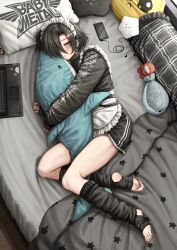 Rule 34 | 1girl, absurdres, apron, bed sheet, belt, black belt, black hair, black shorts, black socks, black sweater, cellphone, choker, closed mouth, computer, crewmate (among us), earbuds, earphones, feet, from above, grey eyes, hair over one eye, highres, kneehighs, kurotama rei, laptop, legs, lobsteranian, long sleeves, loose socks, lying, maid, maid apron, maid headdress, nail polish, no shoes, hugging object, on side, original, parted bangs, phone, pillow, short shorts, shorts, sidelocks, smartphone, socks, soles, stirrup legwear, stuffed animal, stuffed fish, stuffed shark, stuffed toy, sweater, thighs, toeless legwear, toenail polish, toenails, toes, unconventional maid