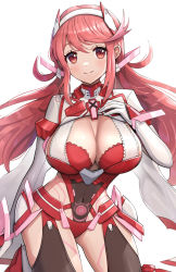 Rule 34 | 1girl, breasts, cleavage, closed mouth, commentary, covered navel, gloves, glowing lines, gonzarez, hand on own chest, highres, kneeling, large breasts, long hair, looking at viewer, low twintails, parted bangs, pyra (xenoblade), pyra (xenoblade) (prototype), red eyes, red hair, revision, simple background, smile, solo, twintails, white background, white gloves, xenoblade chronicles (series), xenoblade chronicles 2