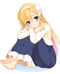 Rule 34 | 1girl, aria (koiiroharemoyou), barefoot, blonde hair, blue skirt, blush, casual, closed mouth, commentary request, crossed arms, eyelashes, eyes visible through hair, feet, frilled skirt, frills, full body, green eyes, hair between eyes, hair ribbon, hairband, highres, kanemoto akari, knees up, leaning forward, lips, long hair, long skirt, long sleeves, looking at viewer, noble works, one-hour drawing challenge, ribbon, shirt, simple background, sitting, skirt, smile, solo, straight hair, toes, upturned eyes, very long hair, white background, white hairband, white ribbon, white shirt