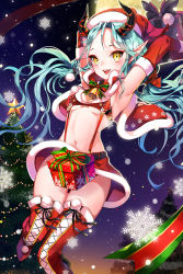 Rule 34 | 1girl, :d, bad id, bad pixiv id, belt, blue hair, blush, boots, breasts, christmas tree, elbow gloves, emyo, gift, gloves, horns, long hair, midriff, navel, open mouth, pointy ears, skirt, small breasts, smile, snowflakes, solo, sword girls, teeth, thigh boots, thighhighs, underboob, yellow eyes
