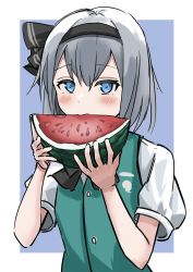 Rule 34 | 1girl, black bow, black hairband, blue background, blue eyes, blush, bow, collared shirt, commentary request, eating, food, green vest, grey hair, hair between eyes, hairband, hands up, highres, holding, holding food, konpaku youmu, looking at viewer, popsicle, ramiki, shirt, short sleeves, solo, touhou, two-tone background, upper body, vest, watermelon bar, white background, white shirt