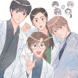 Rule 34 | 2boys, 2girls, black hair, black shirt, blue eyes, brown eyes, brown hair, character request, closed mouth, collared shirt, eoduun badaui deungbul-i doeeo, glasses, hair between eyes, hand in pocket, heterochromia, highres, jacket, lab coat, long hair, long sleeves, looking at viewer, multiple boys, multiple girls, ooosikooo, open mouth, ponytail, shirt, short hair, short ponytail, simple background, smile, striped clothes, striped shirt, tooth, v, vertical-striped clothes, vertical-striped shirt, white background