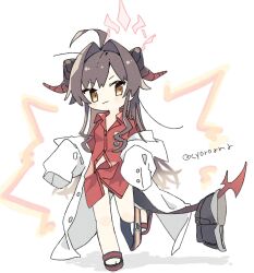 Rule 34 | 1girl, ahoge, black hair, black horns, black tail, blue archive, blush, brown eyes, closed mouth, coat, collared shirt, demon horns, full body, hair intakes, halo, highres, horns, kasumi (blue archive), lab coat, long hair, naguru (cyoroama), oversized clothes, red halo, red shirt, shirt, simple background, sleeves past fingers, sleeves past wrists, smile, solo, twitter username, white background, white coat