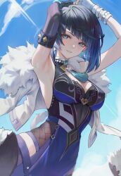Rule 34 | 1girl, absurdres, armpits, arms up, asymmetrical gloves, bare shoulders, black gloves, blue hair, blue sky, blush, breasts, choker, cleavage, dark blue hair, diagonal bangs, dice, earrings, elbow gloves, fingerless gloves, fishnets, fur-trimmed jacket, fur trim, genshin impact, gloves, green eyes, hands on own head, highres, hip vent, jacket, jacket on shoulders, jewelry, large breasts, looking at viewer, mismatched gloves, mole, mole on breast, muu risa, neck tassel, parted lips, single elbow glove, single fingerless glove, sky, smile, solo, white gloves, yelan (genshin impact)