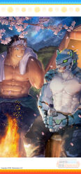 Rule 34 | 2boys, abs, absurdres, aqua fur, bara, black hair, blue eyes, bottle, campfire, cherry blossoms, commentary, copyright notice, dark-skinned male, dark skin, demon boy, demon horns, extra horns, fangs, fingerless gloves, fire, furry, furry male, gloves, grin, helmet, highres, holding, holding bottle, horns, large pectorals, letterboxed, live a hero, looking at another, macroich (housamo), male focus, multicolored hair, multiple boys, muscular, muscular male, neumo, nipples, official art, official wallpaper, one eye closed, pectorals, petals, rexer (live a hero), short hair, sitting on tree stump, sky, smile, star (sky), starry sky, tent, thick eyebrows, tokyo houkago summoners, topless male, towel, towel around neck, water bottle, white hair