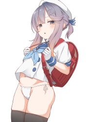 Rule 34 | 1girl, absurdres, backpack, bag, black thighhighs, blue neckerchief, blue sailor collar, brown eyes, commentary, cowboy shot, cropped shirt, flat chest, gloves, gradient hair, hat, highres, holding strap, kantai collection, looking at viewer, multicolored hair, navel, neckerchief, no pants, panties, parted lips, puffy short sleeves, puffy sleeves, purple hair, randoseru, red bag, sailor collar, sailor hat, sailor shirt, shirt, short hair, short hair with long locks, short sleeves, side-tie panties, sidelocks, simple background, soba (sobaya1938), solo, thighhighs, tsushima (kancolle), underwear, white background, white gloves, white hat, white panties, white shirt