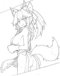 Rule 34 | 1girl, :d, animal ear fluff, animal ears, animal hands, apron, ass, bow, breasts, commentary, e-qi, english commentary, fang, fate/grand order, fate (series), fox ears, fox tail, from behind, gloves, greyscale, hair bow, highres, large breasts, long hair, looking at viewer, looking back, monochrome, naked apron, open mouth, paw gloves, ponytail, ringed eyes, skin fang, smile, solo, standing, tail, tamamo (fate), tamamo cat (fate), tamamo cat (third ascension) (fate)