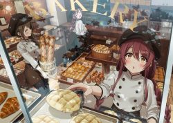 3girls, ahoge, alstroemeria (idolmaster), apron, baguette, bakery, bangs, basket, black headwear, blush, braid, braided ponytail, bread, brown eyes, brown hair, cash register, chef uniform, closed mouth, commentary, counter, croissant, display, employee uniform, english commentary, eyes closed, food, hair between eyes, hair over shoulder, hat, highres, holding, holding basket, idolmaster, idolmaster shiny colors, indoors, kuwayama chiyuki, loaf of bread, long braid, long hair, looking back, melon bread, multiple girls, osaki amana, osaki tenka, open mouth, pastry, shop, siblings, single braid, sisters, smile, sonsoso, storefront, swept bangs, tongs, twin braids, twins, uniform, waist apron, window